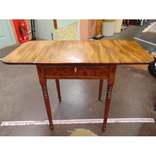 356 - Antique mahogany drop leaf table, having single drawer and dummy to reverse and on turned supports. ... 