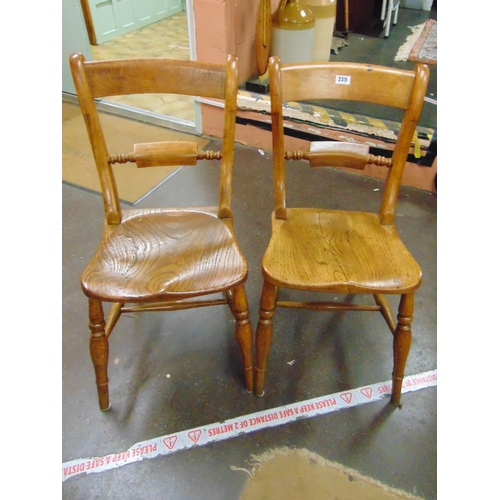 359 - Pair of antique elm Oxford kitchen chairs, bar backs, solid seats, on turned supports and stretchers... 