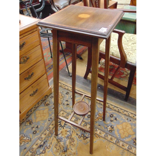 367 - Edwardian inlaid mahogany jardiniere stand, set on tapered supports, joined by an under tier. 36 x 1... 