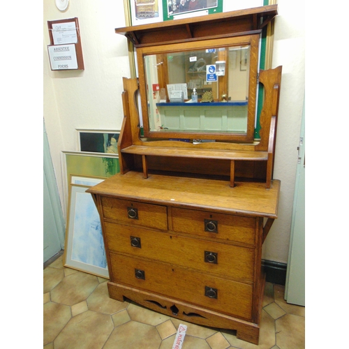 437 - Arts and Crafts oak mirror back dressing table, single plate glass  over two short and two long draw... 