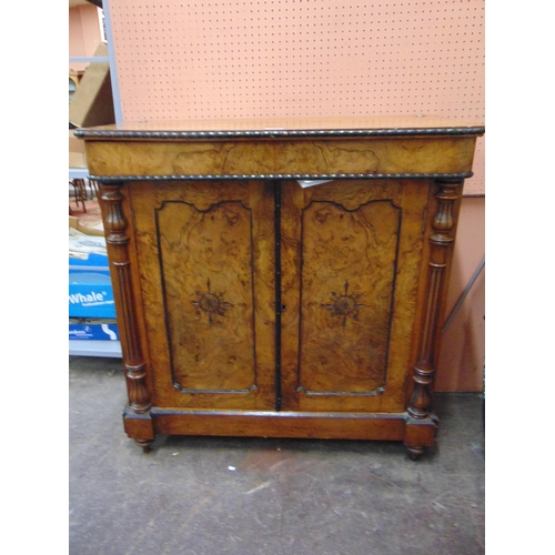 441 - Antique walnut chiffonier, pair of cupboard doors enclosing a shelf lined interior, flanked by flute... 