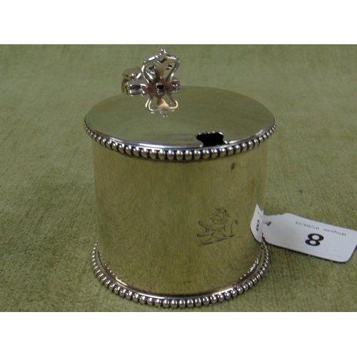 8 - Antique silver mustard pot, London 1863, having blue glass liner.