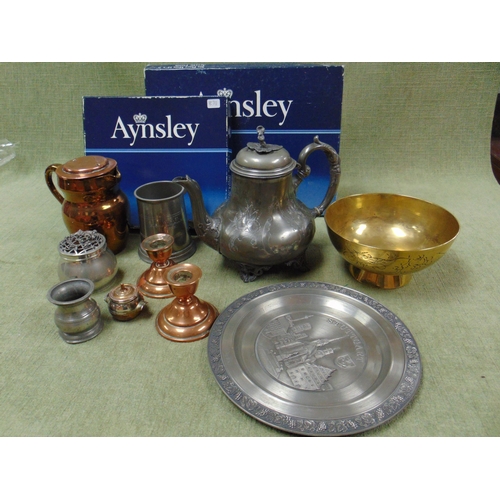 103 - Antique pewter coffee pot, boxed Aynsley placemats, etc.