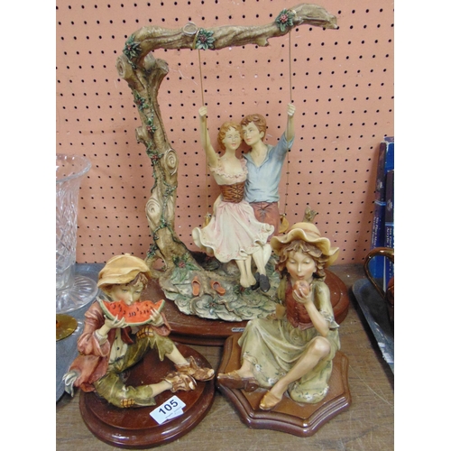 105 - Resin figure group, pair of lovers sat on a swing embracing the start of their courtship with optimi... 