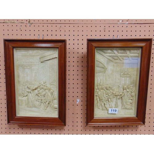 119 - Pair of framed and glazed relief plaques, depicting Queen Elizabeth I. Each 11 x 6.5