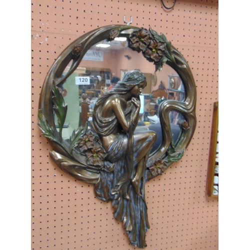 120 - Art nouveau style wall mirror, decorated with a scantily clad lady. 27 x18