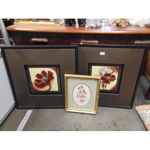 14 - Pair of framed contemporary tiles and a floral picture. (3)