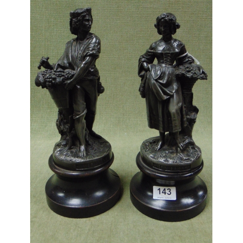 143 - Pair of French metal figures on plinths, Printemps & L'Automne. Each 14