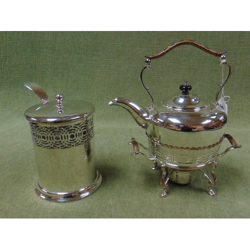 146 - Plated spirit kettle on stand and a preserve jar.