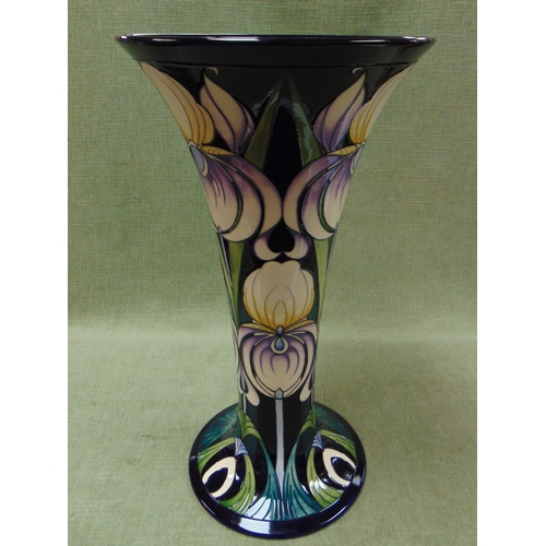 16 - Large Moorcroft Rachel Bishop 2014 trumpet form vase decorated with Iris, having original box. 21