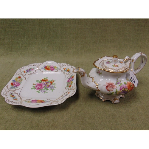 177 - Dresden gilt edged floral tea pot together with a continental square form dish. (2)