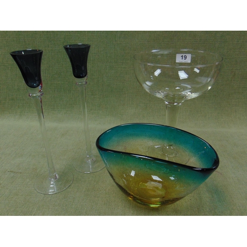 19 - Studio glass bowl, one other and a pair of candleholders. (4)