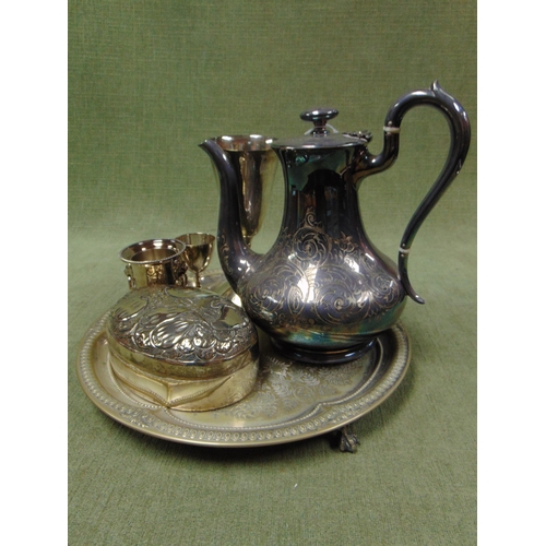 192 - Plated oval trinket box, coffee pot, circular tray, etc.