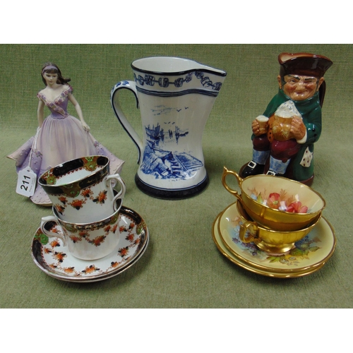 211 - Pair of Aynsley cabinet cups and saucers, Coalport matt figurine, Doulton blue and white jug, etc.