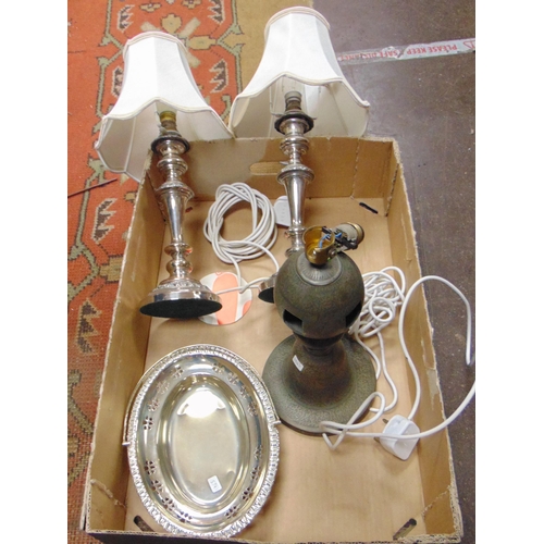 215 - Pair of plated candlesticks converted to table lamps, eastern style lamp, etc.