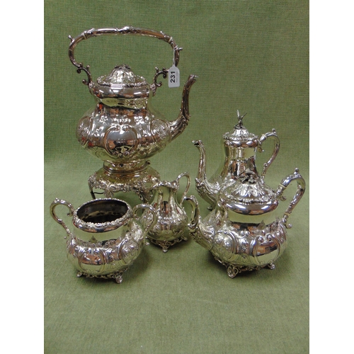 231 - Good silver plated tea service, comprising spirit kettle on stand, teapot, coffee pot , sugar basin ... 