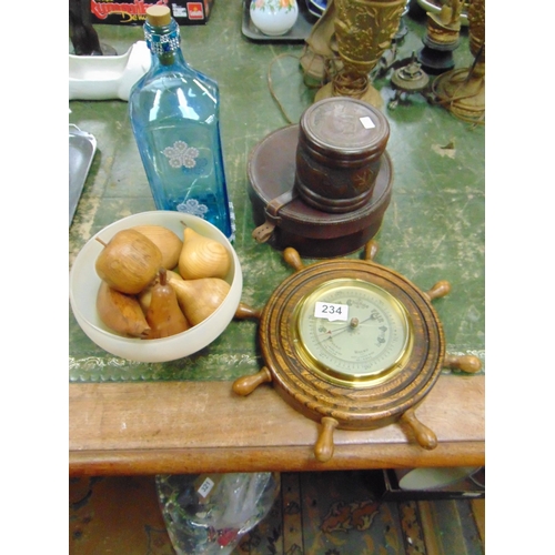 234 - Oak framed barometer, collar box, decorative wooden fruit, etc.