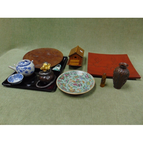 247 - Interesting collection of Oriental trinkets, to include vase, finial, lacquered panel, etc.