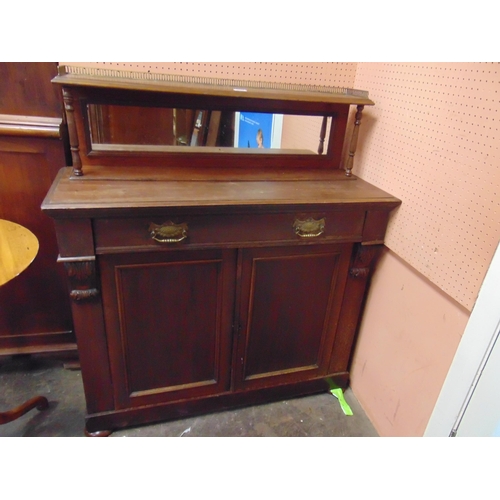 280 - Antique mahogany chiffonier, gallery and mirror back, over single drawer and pair of cupboard doors ... 