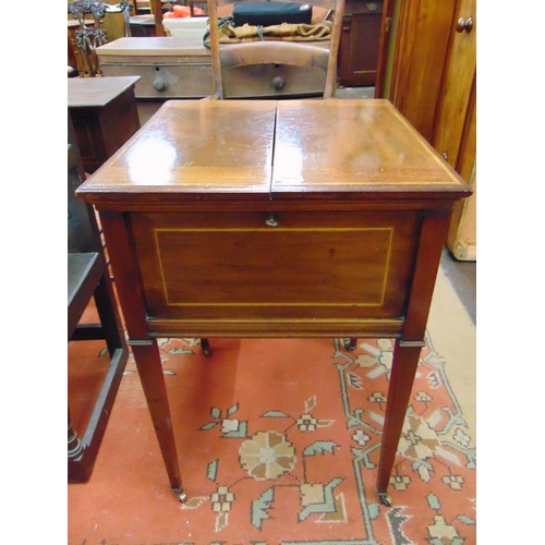 282 - Edwardian inlaid mahogany rise and fall drinks cabinet, the square top opening to reveal a fitted in... 