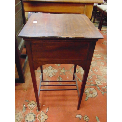 285 - Edwardian inlaid mahogany sewing table, lift up top, revealing a fitted interior, set on tapered sup... 