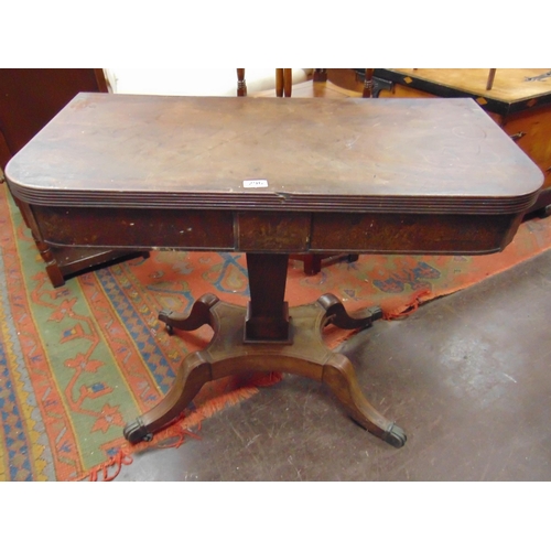 296 - Regency mahogany tea table, D shaped fold over top revealing a polished interior, tapered supporting... 