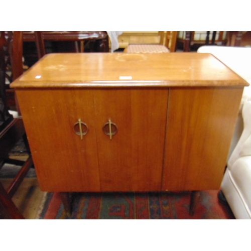 299 - Teak record cabinet and contents. 27 x 30 x 16