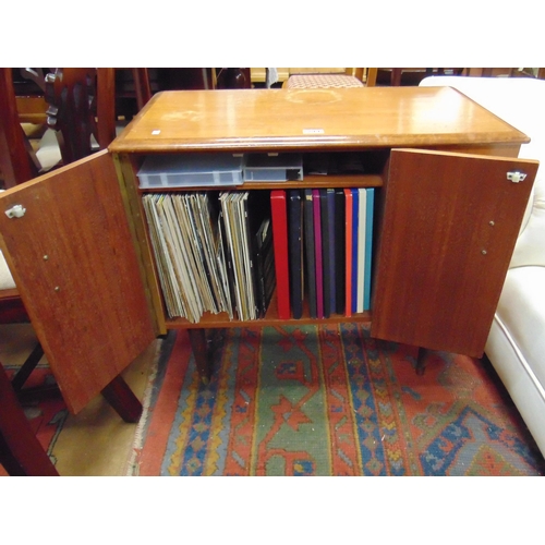 299 - Teak record cabinet and contents. 27 x 30 x 16