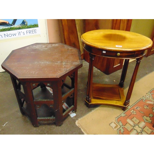 303 - Reproduction single drawer two tier centre table, together with an eastern table (2).