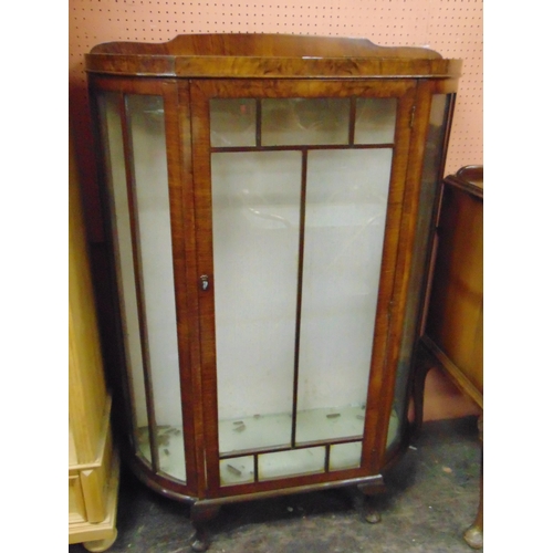 329 - Art Deco walnut veneered bow fronted single door display cabinet. 51 x 35 x 13