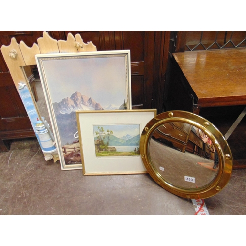 339 - Circular wall mirror and some pictures.