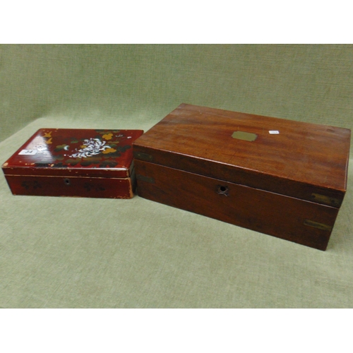 34 - Antique mahogany writing box for restoration, together with a lacquered jewellery box. (2)