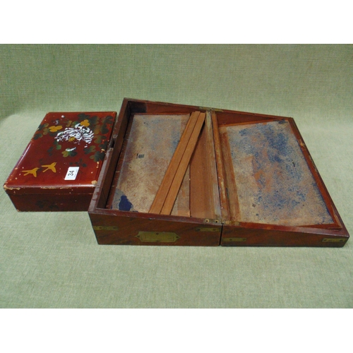 34 - Antique mahogany writing box for restoration, together with a lacquered jewellery box. (2)