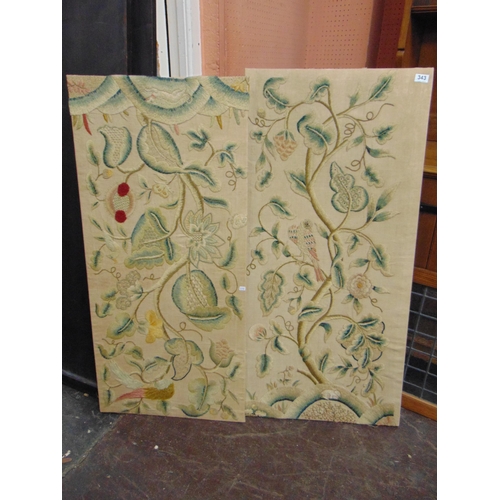 343 - Two crewel work panels, the largest 45.5 x 22