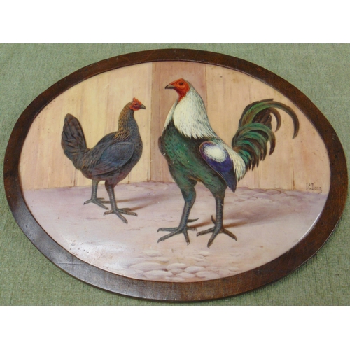 355 - Minton oval porcelain plaque, J.E.Dean , hand painted study of cockerels. 7.5 x 10