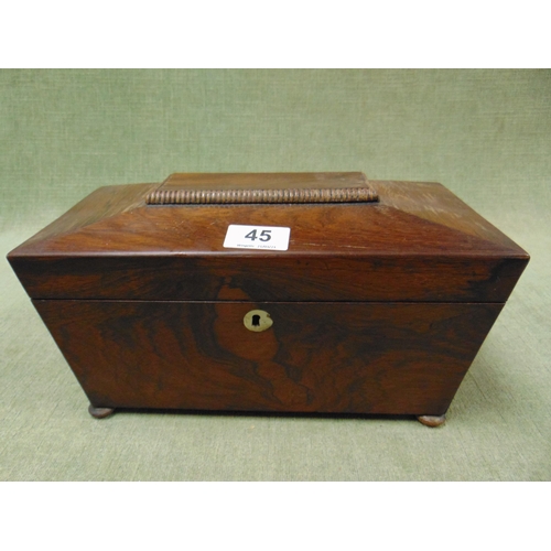 45 - Antique rosewood sarcophagus form tea caddy, having lift up lid and on bun feet. 7 x 12 x 6