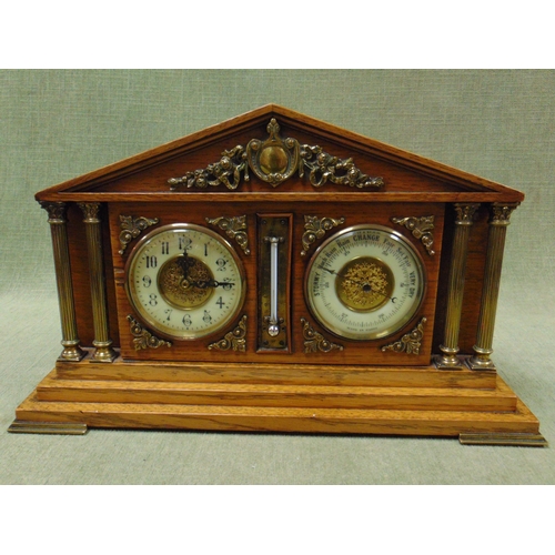 46 - Good French oak architectural form clock barometer on stepped base. 10 x 16 x 4