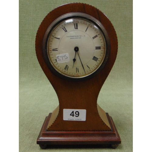 49 - Ollivant & Botsford, Manchester inlaid mahogany balloon form mantle clock. 9.5