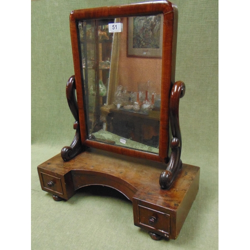 51 - Victorian mahogany framed toilet mirror, scroll supports, two short drawers and on bun feet. 22 x 19... 