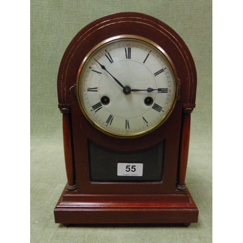 55 - Gustav Becker, mahogany dome topped mantle clock, having enamel face and Roman numerals, set on bun ... 