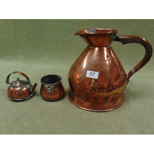 57 - Antique copper flagon, miniature kettle and a chocolate pot (3).