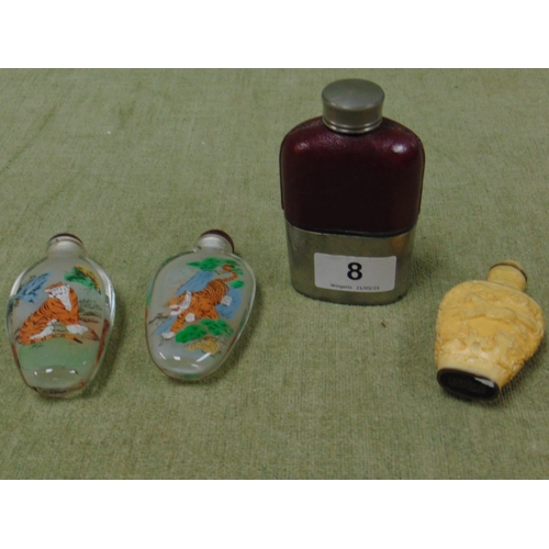 8 - Two reproduction oriental scent bottles, one other and a miniature hip flask. (4)