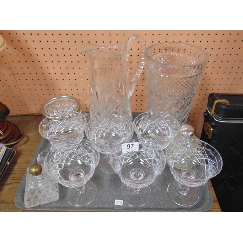 97 - Cut glass jug, vase, six sunday dishes, etc.