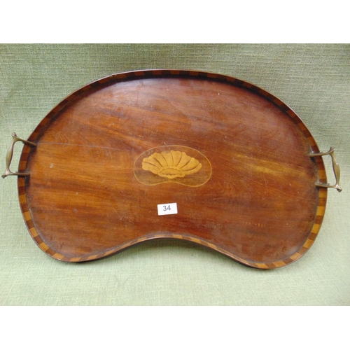 34 - Edwardian inlaid mahogany kidney shaped two handled tray, 24