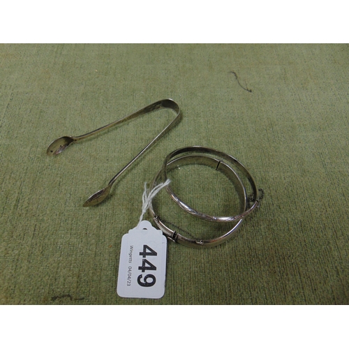 449 - Silver bangle, pair of silver sugar tongs and a bracelet marked 925, (3).