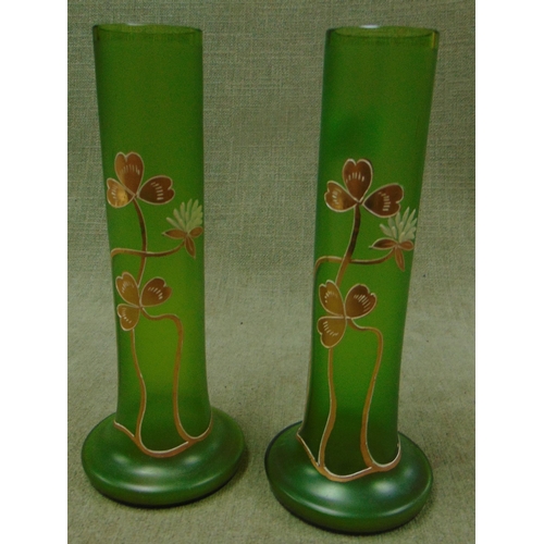 105 - Pair of Art Noveau influenced green glass vases, cylindrical form  with gilt floral decoration, each... 