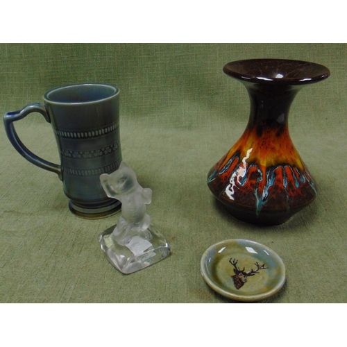 131 - Studio glass cat figure, Irish porcelain mug and pin tray, studio pottery vase.