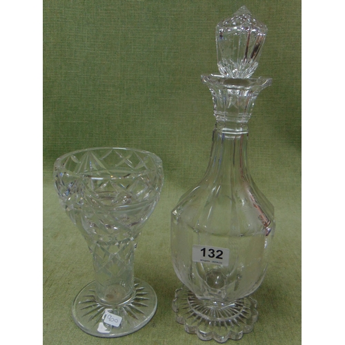 132 - Good antique etched glass decanter, having grape and vine leaf decoration and a cut glass vase. (2)