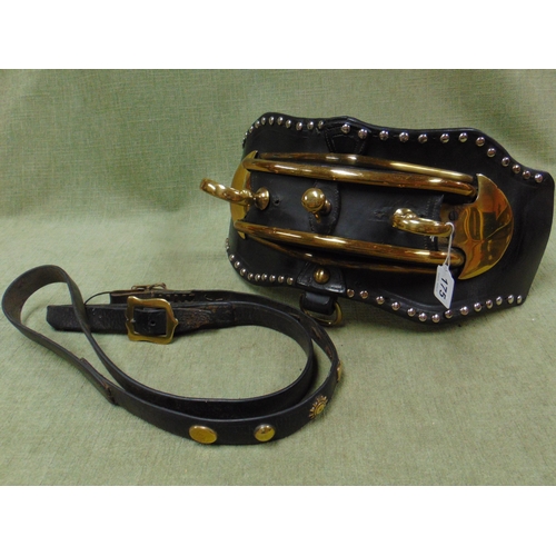 175 - Antique leather brass bound horse breast collar.