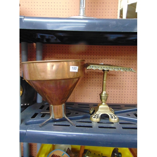 180 - 19th century brass kettle stand, having paw feet, together with a copper funnel (2).